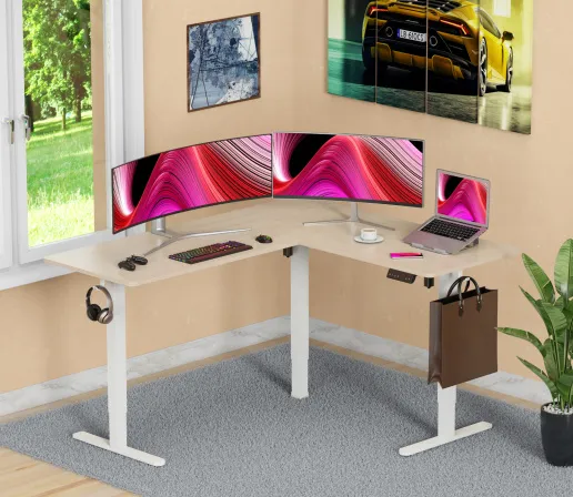 Фото Стол для компьютера Cactus CS-EDXL-WWD угловой с электроприводом столешница МДФ белый дуб каркас бел